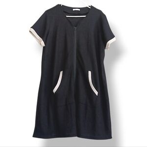 Ekouaer Black Waffle Knit Zip Up Night Dress Pockets Cream Accents Colorblock XL